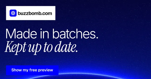 Social ad for BuzzBomb: "Made in batches. Kept up to date." Swiss style, announce layout, dark palette in blue.