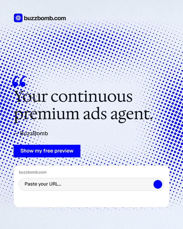 Instagram portrait post for BuzzBomb: "Your continuous premium ads agent." Swiss style, quote layout, light palette in blue, white.