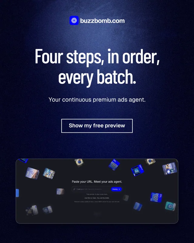 Instagram portrait post for BuzzBomb: "Four steps, in order, every batch." Dark deco style, centred layout, dark palette in blue, black.