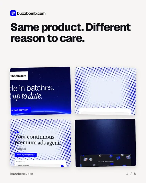 Carousel for BuzzBomb: "Same product. Different reason to care.". Collection carousel, 8 slides, light palette.
