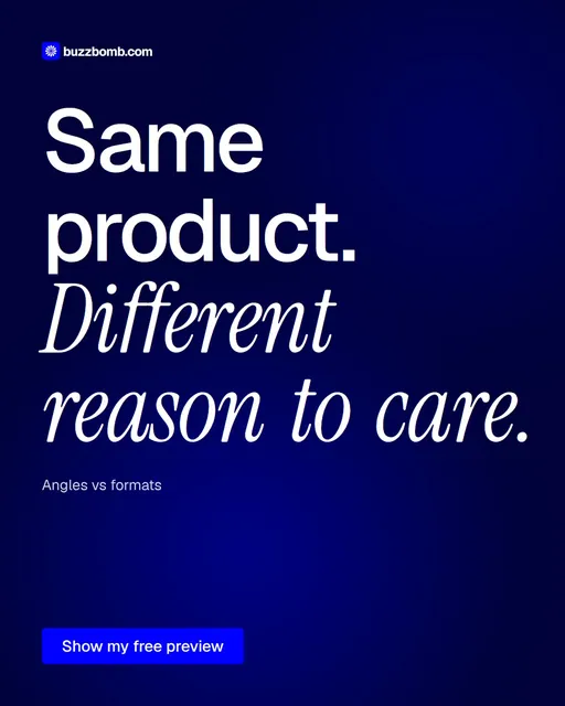 Video for BuzzBomb: "Same product. Different reason to care.". Doc motion loop, 6.0 s, dark palette.