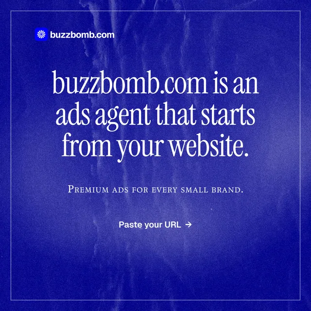 Instagram post for BuzzBomb: "buzzbomb.com is an ads agent that starts from your website." Editorial style, smallcaps layout, dark palette in blue.