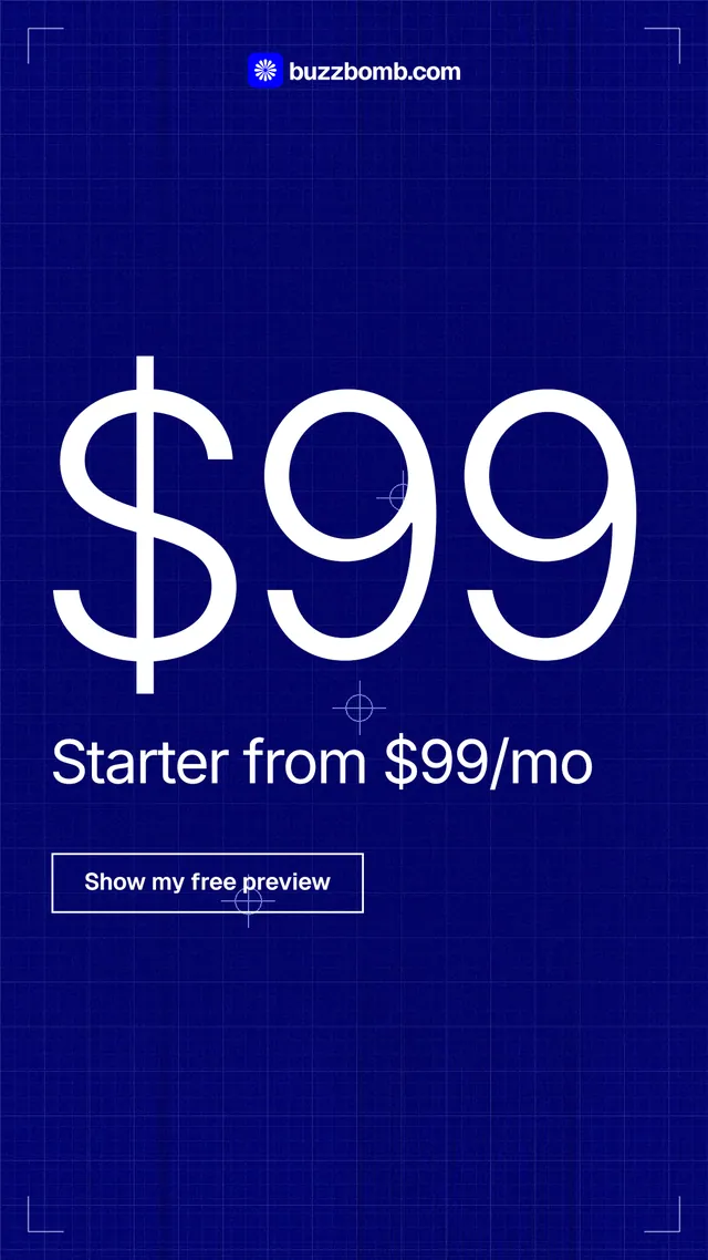 Instagram story for BuzzBomb: "Premium ads for every small brand." Blueprint style, stat layout, dark palette in blue.