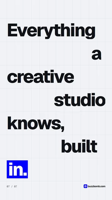 Video for BuzzBomb: "Everything a creative studio knows, built in.". Kinetic type grid, 6.0 s, light palette.