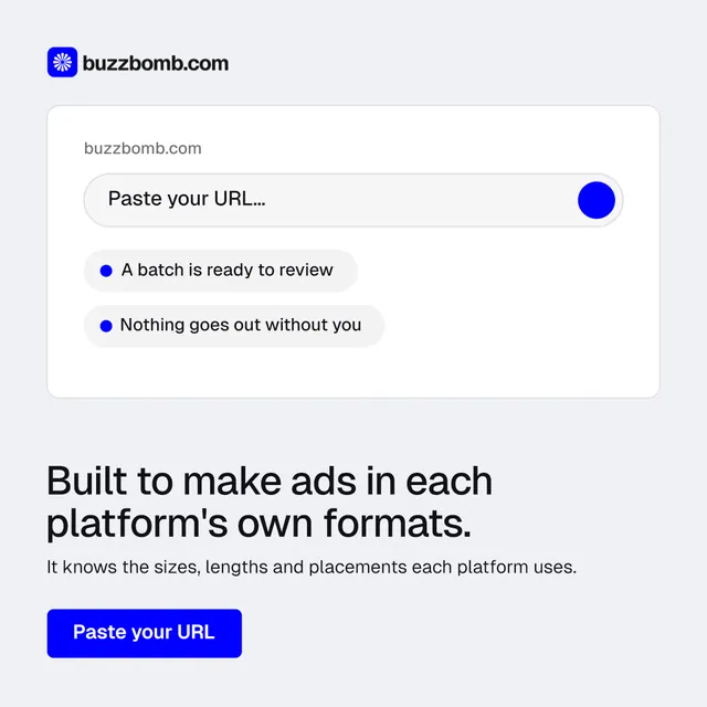 Instagram post for BuzzBomb: "Built to make ads in each platform's own formats." Data card style, bottom layout, light palette in white, blue.