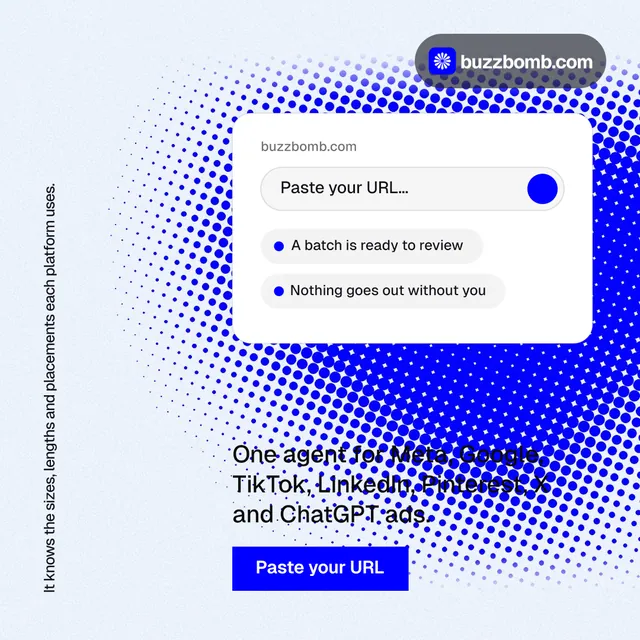 Instagram post for BuzzBomb: "It knows the sizes, lengths and placements each platform uses." Swiss style, vertical layout, light palette in white, blue.