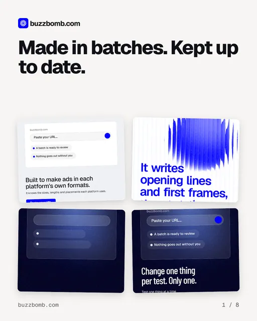 Carousel for BuzzBomb: "Made in batches. Kept up to date.". Collection carousel, 8 slides, light palette.