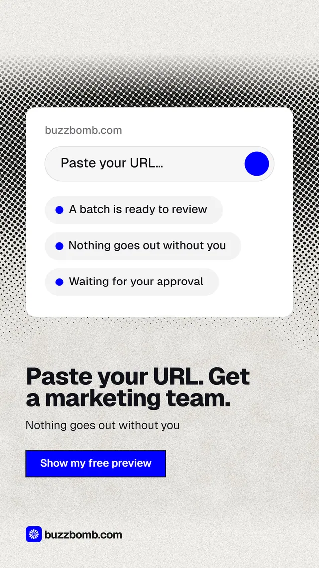 Instagram story for BuzzBomb: "Paste your URL. Get a marketing team." Ink sticker style, bottom layout, light palette in white, grey.