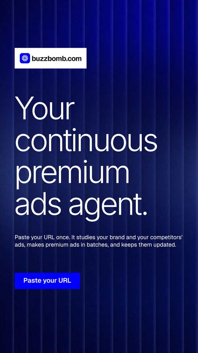 Instagram story for BuzzBomb: "Your continuous premium ads agent." Swiss style, announce layout, dark palette in blue, grey.