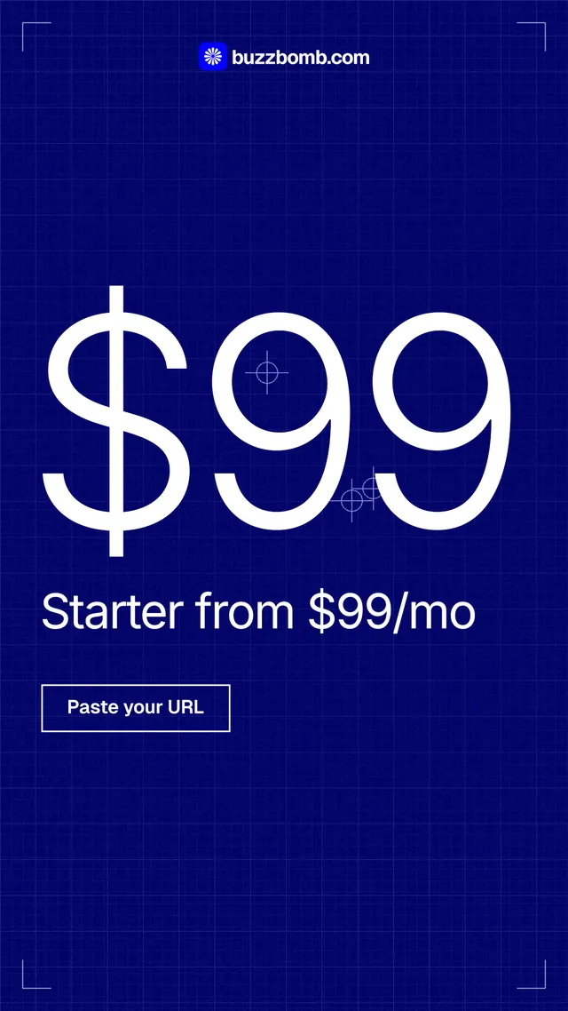 Instagram story for BuzzBomb: "Finished ads, priced by the month." Blueprint style, stat layout, dark palette in blue.