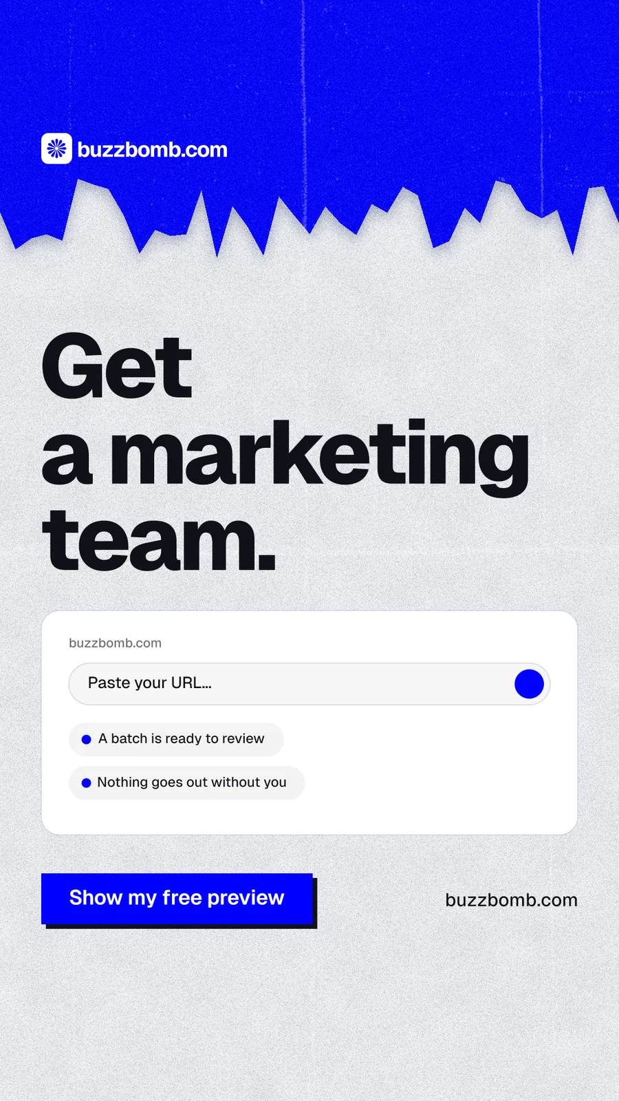Instagram story for BuzzBomb: "Get a marketing team." Paper trio style, poster layout, light palette in white, blue.
