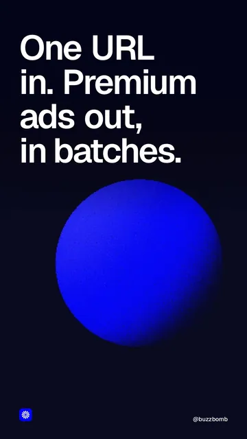 Video for BuzzBomb: "One URL in. Premium ads out, in batches.". Shader loop, 6.0 s, dark palette.