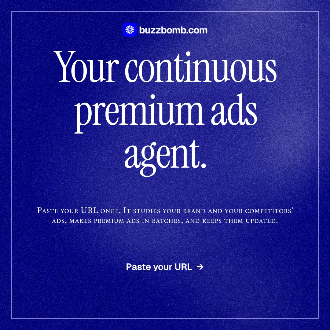 Instagram post for BuzzBomb: "Your continuous premium ads agent." Editorial style, smallcaps layout, dark palette in blue.
