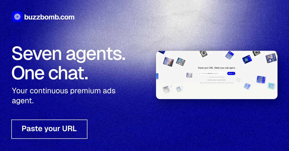 Social ad for BuzzBomb: "Seven agents. One chat." Cyanotype style, bottom layout, dark palette in white, blue.