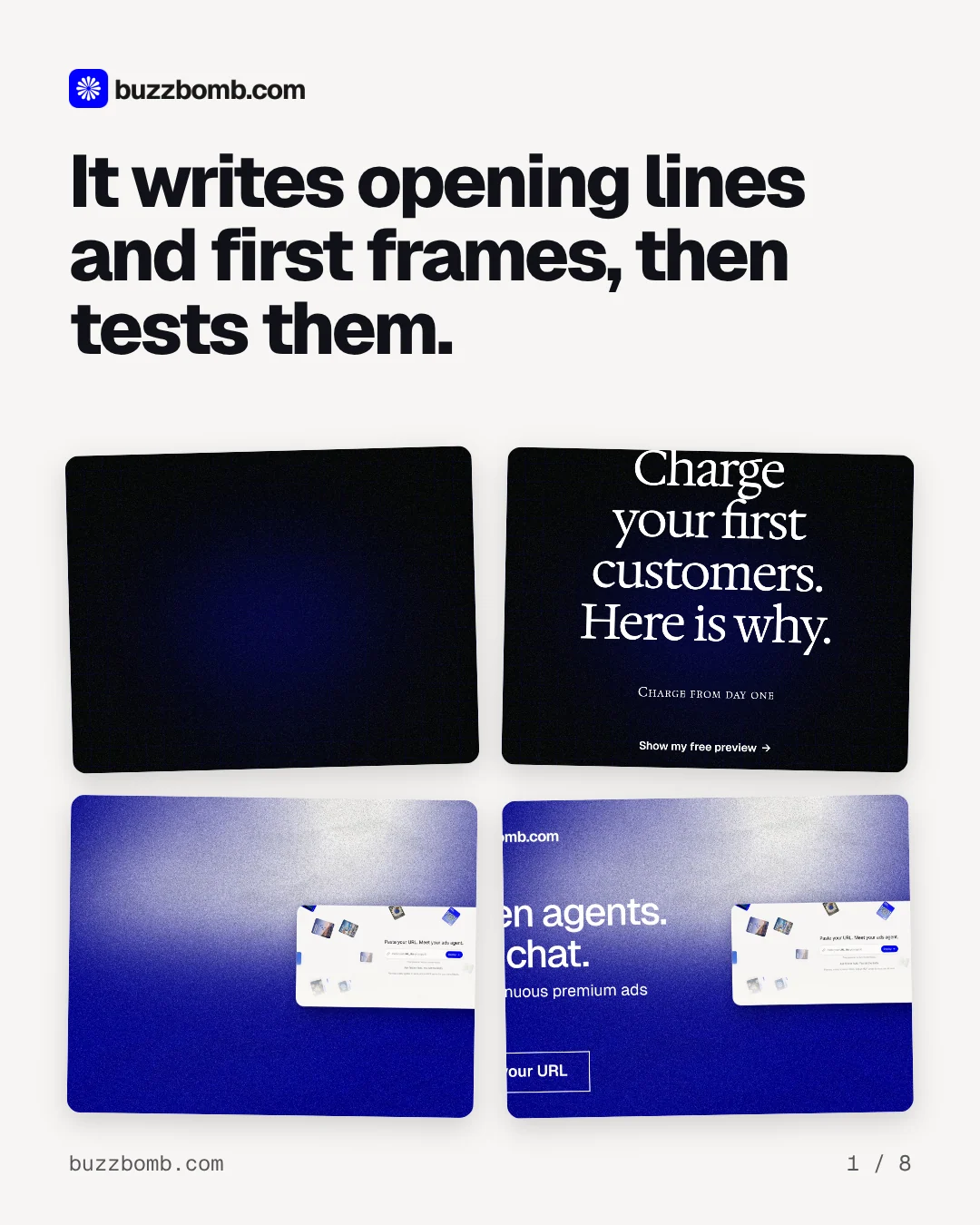 Carousel for BuzzBomb: "It writes opening lines and first frames, then tests them.". Collection carousel, 8 slides, light palette.