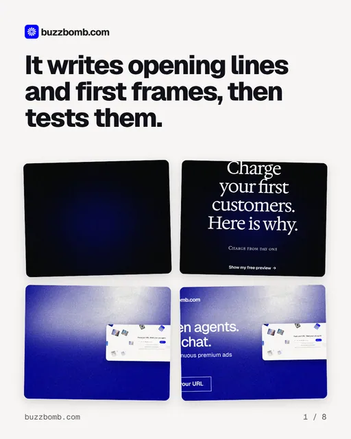 Carousel for BuzzBomb: "It writes opening lines and first frames, then tests them.". Collection carousel, 8 slides, light palette.