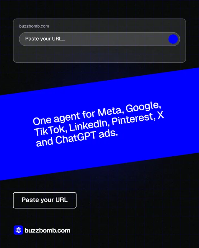 Instagram portrait post for BuzzBomb: "One agent for Meta, Google, TikTok, LinkedIn, Pinterest, X and ChatGPT ads." Phosphor atlas style, diagonal layout, dark palette in black, blue.