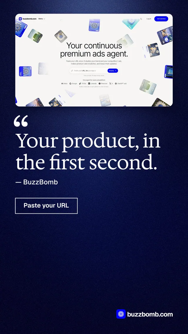 Instagram story for BuzzBomb: "Your product, in the first second." Dark deco style, quote layout, dark palette in black, white, blue.