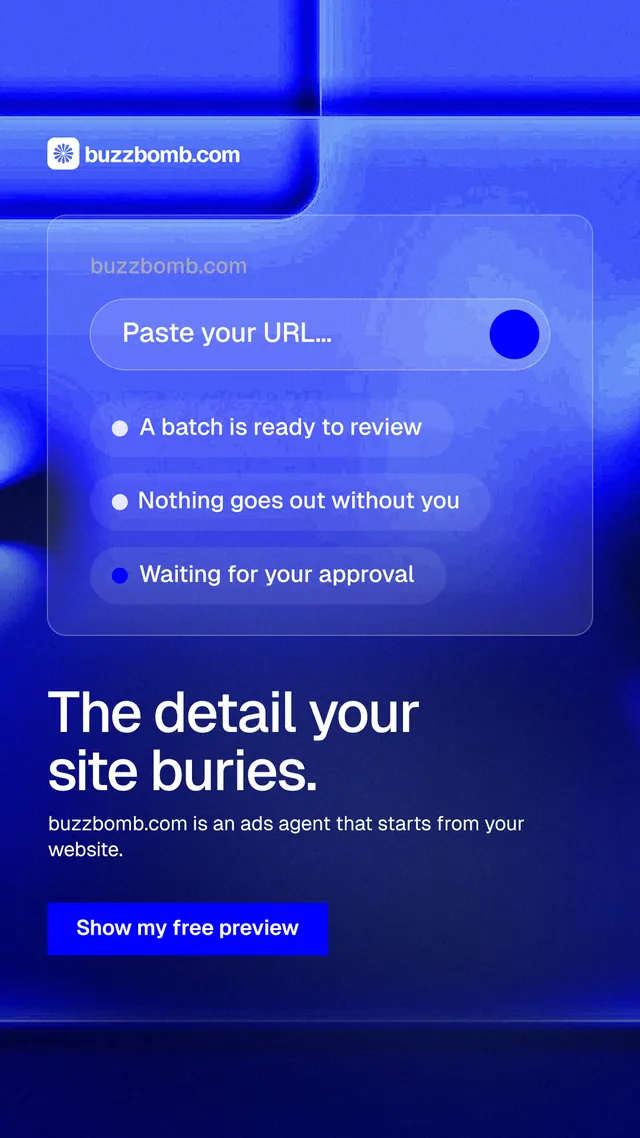 Instagram story for BuzzBomb: "The detail your site buries." Swiss style, bottom layout, dark palette in blue.