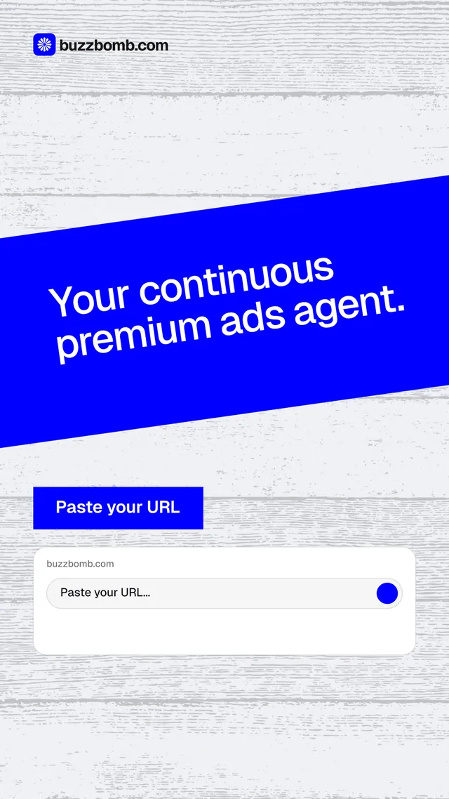 Instagram story for BuzzBomb: "Your continuous premium ads agent." Swiss style, diagonal layout, light palette in white, blue.