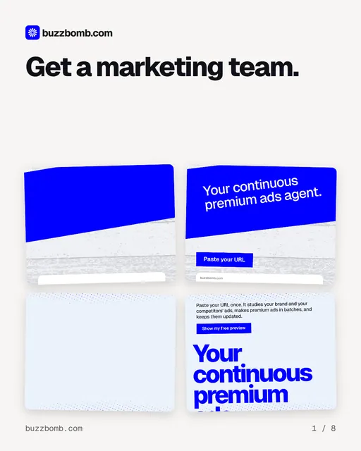 Carousel for BuzzBomb: "Get a marketing team.". Collection carousel, 8 slides, light palette.