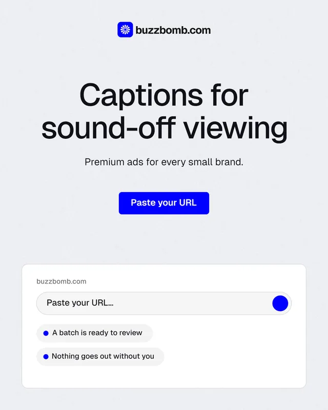 Instagram portrait post for BuzzBomb: "Captions for sound-off viewing". Data card style, centred layout, light palette in white, blue.