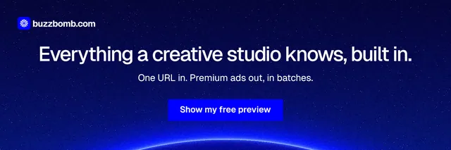 X header for BuzzBomb: "Everything a creative studio knows, built in." Swiss style, centred layout, dark palette in blue.