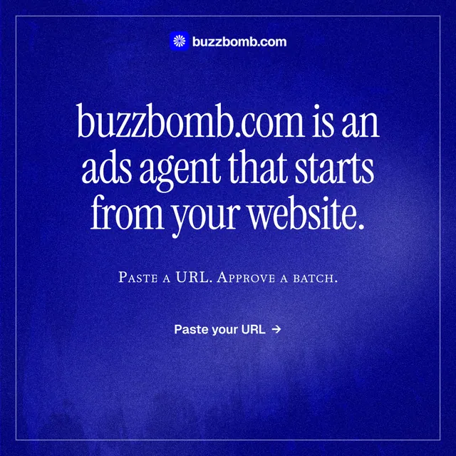 Instagram post for BuzzBomb: "buzzbomb.com is an ads agent that starts from your website." Editorial style, smallcaps layout, dark palette in blue.