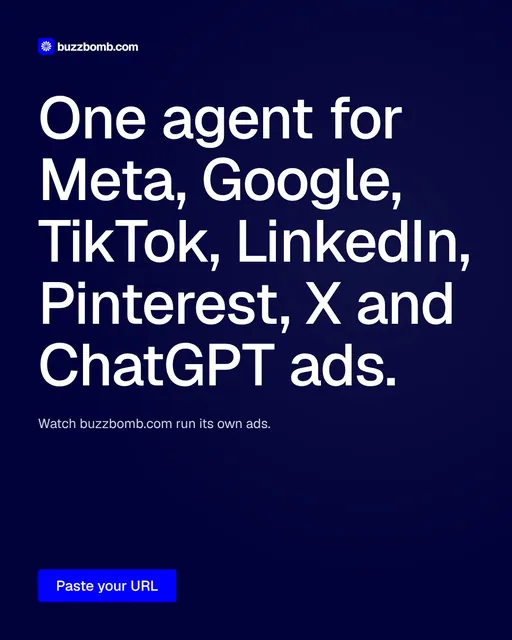 Video for BuzzBomb: "One agent for Meta, Google, TikTok, LinkedIn, Pinterest, X and ChatGPT ads.". Doc motion loop, 8.0 s, dark palette.