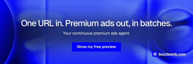 X header for BuzzBomb: "One URL in. Premium ads out, in batches." Swiss style, centred layout, dark palette in blue.