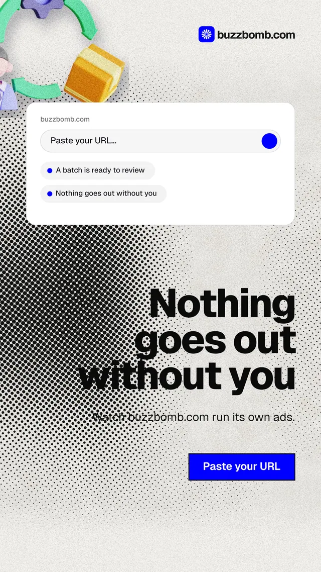 Instagram story for BuzzBomb: "Nothing goes out without you". Ink sticker style, right layout, light palette in white, grey.