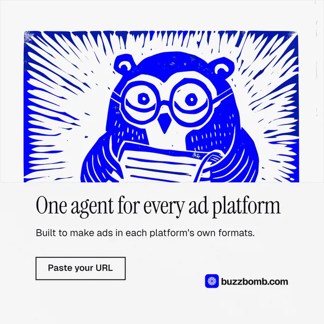Instagram post for BuzzBomb: "One agent for every ad platform". Editorial style, bottom layout, light palette in white, blue.