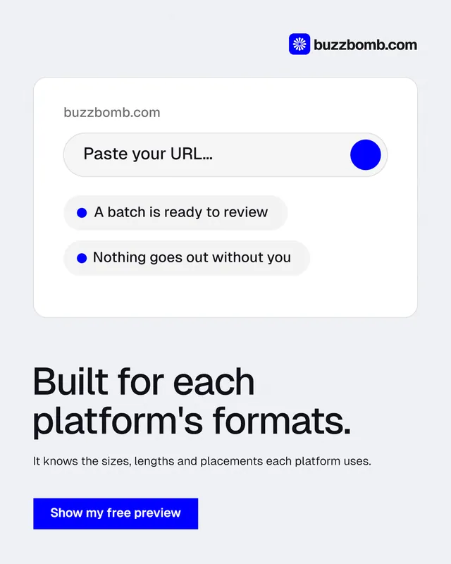 Instagram portrait post for BuzzBomb: "Built for each platform's formats." Swiss style, bottom layout, light palette in white, blue.