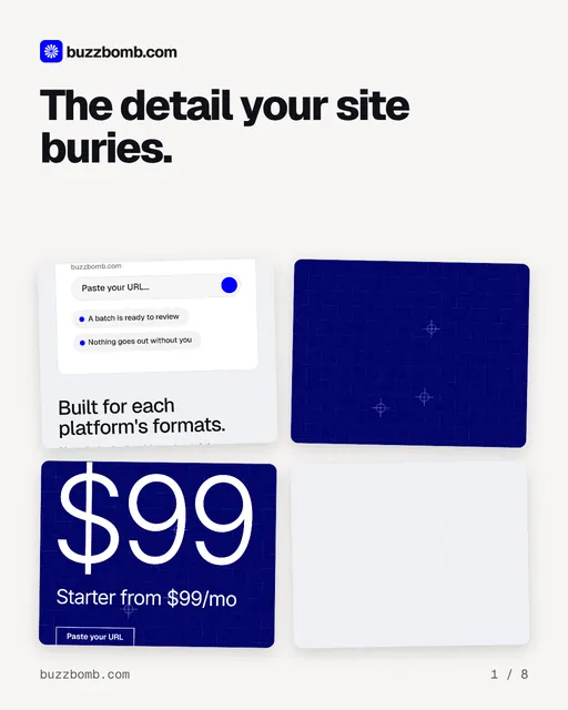 Carousel for BuzzBomb: "The detail your site buries.". Collection carousel, 8 slides, light palette.