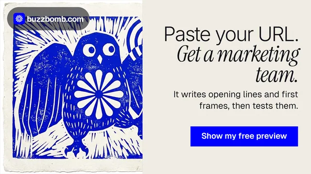 Landscape graphic for BuzzBomb: "Paste your URL. Get a marketing team." Swiss style, right layout, light palette in yellow, blue, grey.