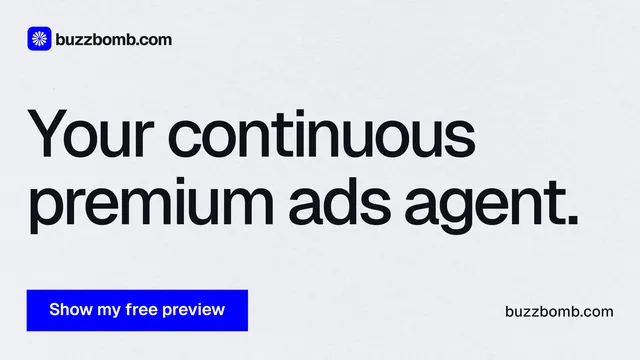 Landscape graphic for BuzzBomb: "Your continuous premium ads agent." Swiss style, poster layout, light palette in white, blue.