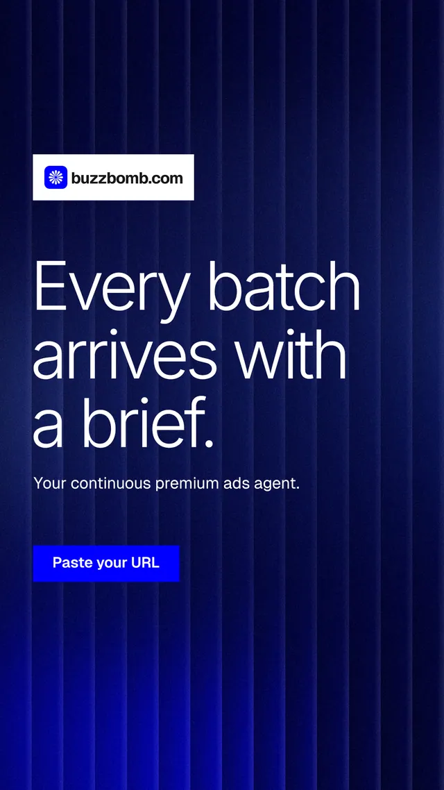 Instagram story for BuzzBomb: "Every batch arrives with a brief." Swiss style, announce layout, dark palette in blue, black, grey.