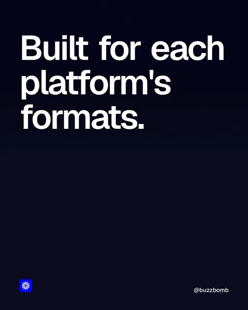 Video for BuzzBomb: "Built for each platform's formats.". Shader loop, 6.0 s, dark palette.