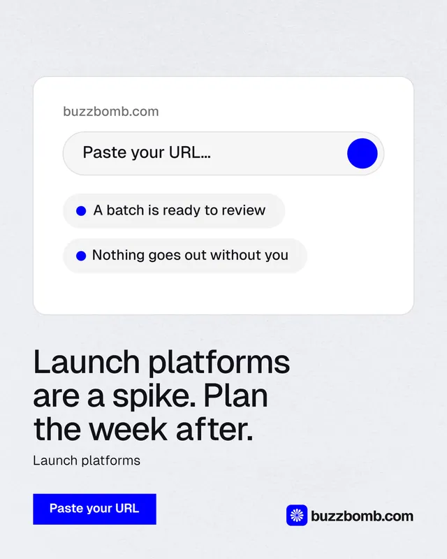 Instagram portrait post for BuzzBomb: "Launch platforms are a spike. Plan the week after." Swiss style, bottom layout, light palette in white, blue.