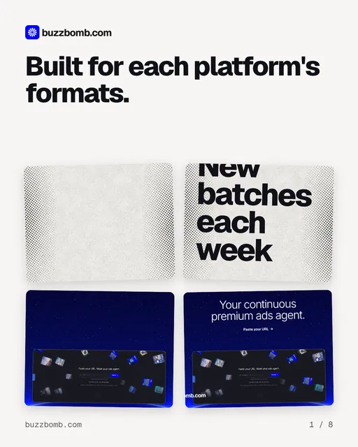 Carousel for BuzzBomb: "Built for each platform's formats.". Collection carousel, 8 slides, light palette.