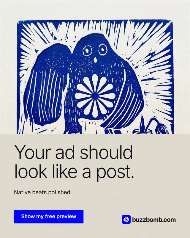 Instagram portrait post for BuzzBomb: "Your ad should look like a post." Swiss style, bottom layout, light palette in yellow, blue, white.