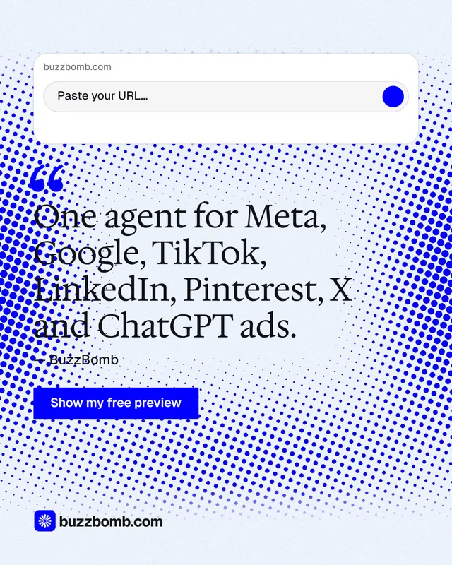 Instagram portrait post for BuzzBomb: "One agent for Meta, Google, TikTok, LinkedIn, Pinterest, X and ChatGPT ads." Swiss style, quote layout, light palette in blue, white.