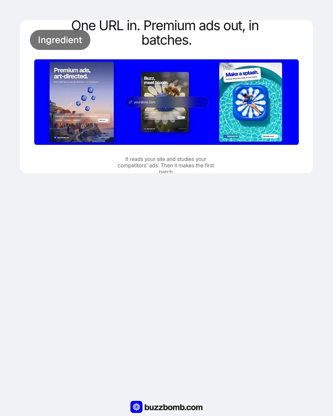 Video for BuzzBomb: "Paste your URL. Meet your ads agent.". Before after wipe, 6.0 s, light palette.