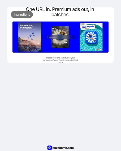Video for BuzzBomb: "Paste your URL. Meet your ads agent.". Before after wipe, 6.0 s, light palette.