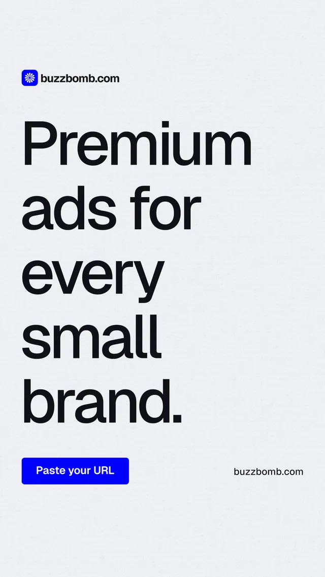 Instagram story for BuzzBomb: "Premium ads for every small brand." Data card style, poster layout, light palette in white, grey.