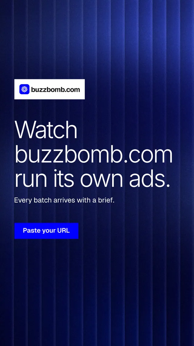 Instagram story for BuzzBomb: "Watch buzzbomb.com run its own ads." Swiss style, announce layout, dark palette in black, blue.