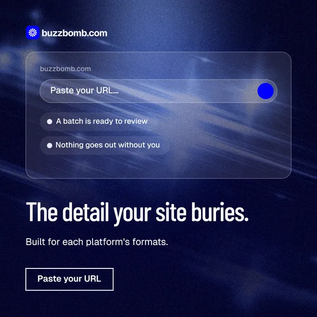 Instagram post for BuzzBomb: "The detail your site buries." Dark deco style, bottom layout, dark palette in black, blue.