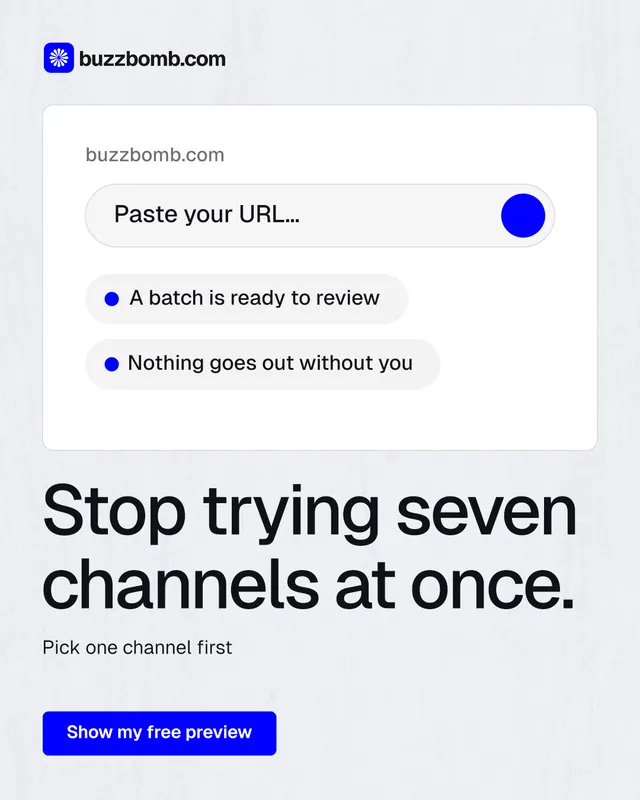 Instagram portrait post for BuzzBomb: "Stop trying seven channels at once." Data card style, bottom layout, light palette in white, blue.