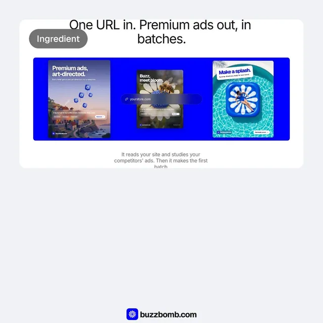 Video for BuzzBomb: "Paste your URL. Meet your ads agent.". Before after wipe, 6.0 s, light palette.
