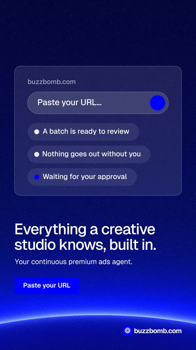 Instagram story for BuzzBomb: "Everything a creative studio knows, built in." Swiss style, bottom layout, dark palette in blue.